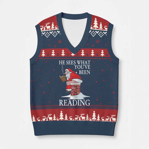 Funny Bookish Xmas V-Neck Knit Sweater Vest He Sees What You Have Been Reading TS14 Navy Red Print Your Wear