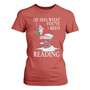 Funny Bookish Christmas T Shirt For Women He Sees What You Have Been Reading TS14 Red Print Your Wear
