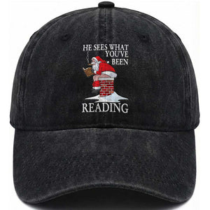 Funny Bookish Christmas Washed Cotton Baseball Cap He Sees What You Have Been Reading TS14 Washed Cap Universal Fit Black Print Your Wear