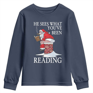 Funny Bookish Christmas Youth Sweatshirt He Sees What You Have Been Reading TS14 Navy Print Your Wear