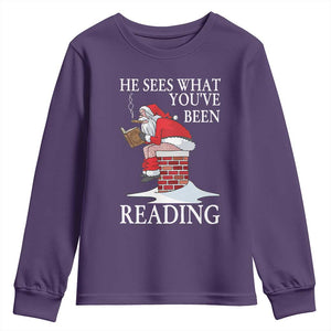 Funny Bookish Christmas Youth Sweatshirt He Sees What You Have Been Reading TS14 Purple Print Your Wear