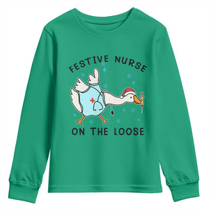 Funny Goose Nurse Christmas Youth Sweatshirt Festive Nurses On The Loose TS14 Irish Green Print Your Wear