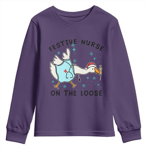 Funny Goose Nurse Christmas Youth Sweatshirt Festive Nurses On The Loose TS14 Purple Print Your Wear