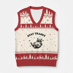 Funny Raccoon Meme V-Neck Knit Sweater Vest Stay Trashy TS14 Beige Red Print Your Wear