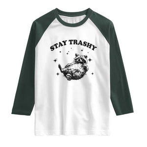 Funny Raccoon Meme Raglan Shirt Stay Trashy TS14 White Dark Forest Green Print Your Wear