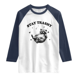 Funny Raccoon Meme Raglan Shirt Stay Trashy TS14 White Navy Print Your Wear