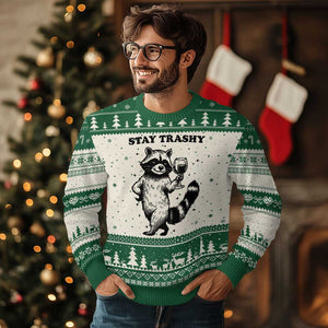 Stay Trashy Raccoon Ugly Christmas Sweater Funny Raccoon Drinking Wine Meme TS14 Beige Green Print Your Wear
