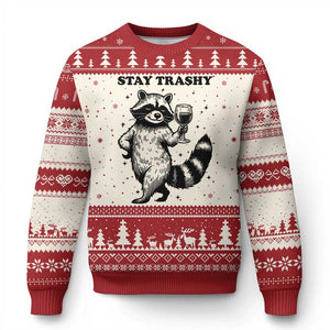 Stay Trashy Raccoon Ugly Christmas Sweater Funny Raccoon Drinking Wine Meme TS14 Beige Red Print Your Wear