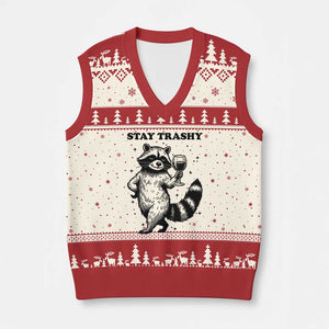 Stay Trashy Raccoon V-Neck Knit Sweater Vest Funny Raccoon Drinking Wine Meme TS14 Beige Red Print Your Wear