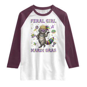 Mardi Gras Raccoon Raglan Shirt Feral Girl Mardi Gras TS14 White Maroon Print Your Wear