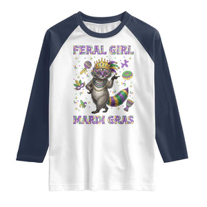 Mardi Gras Raccoon Raglan Shirt Feral Girl Mardi Gras TS14 White Navy Print Your Wear