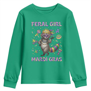 Mardi Gras Raccoon Youth Sweatshirt Feral Girl Mardi Gras TS14 Irish Green Print Your Wear