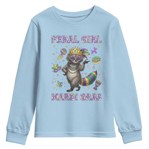 Mardi Gras Raccoon Youth Sweatshirt Feral Girl Mardi Gras TS14 Light Blue Print Your Wear