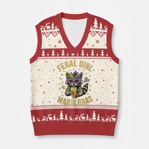 Mardi Gras Raccoon V-Neck Knit Sweater Vest Feral Girl Mardi Gras Trash Panda TS14 Beige Red Print Your Wear