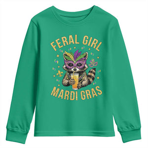 Mardi Gras Raccoon Youth Sweatshirt Feral Girl Mardi Gras Trash Panda TS14 Irish Green Print Your Wear
