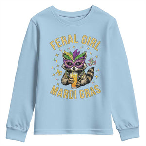 Mardi Gras Raccoon Youth Sweatshirt Feral Girl Mardi Gras Trash Panda TS14 Light Blue Print Your Wear