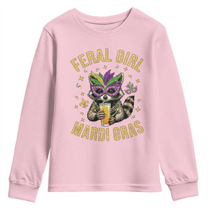 Mardi Gras Raccoon Youth Sweatshirt Feral Girl Mardi Gras Trash Panda TS14 Light Pink Print Your Wear