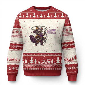 Mardi Gras Raccoon Ugly Christmas Sweater Yee Haw Cowboy Mardi Gras Carnival Trendy Meme TS14 Beige Red Print Your Wear