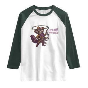 Mardi Gras Raccoon Raglan Shirt Yee Haw Cowboy Mardi Gras Carnival Trendy Meme TS14 White Dark Forest Green Print Your Wear