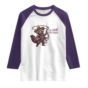 Mardi Gras Raccoon Raglan Shirt Yee Haw Cowboy Mardi Gras Carnival Trendy Meme TS14 White Purple Print Your Wear