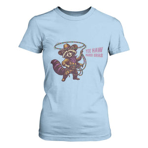Mardi Gras Raccoon T Shirt For Women Yee Haw Cowboy Mardi Gras Carnival Trendy Meme TS14 Light Blue Print Your Wear