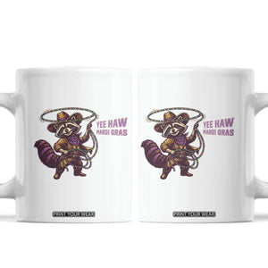 Mardi Gras Raccoon Coffee Mug Yee Haw Cowboy Mardi Gras Carnival Trendy Meme TS14 White Print Your Wear