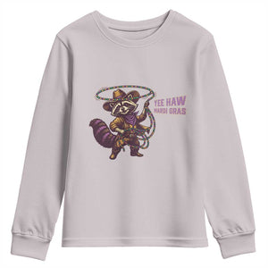 Mardi Gras Raccoon Youth Sweatshirt Yee Haw Cowboy Mardi Gras Carnival Trendy Meme TS14 Ice Gray Print Your Wear