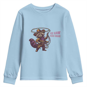 Mardi Gras Raccoon Youth Sweatshirt Yee Haw Cowboy Mardi Gras Carnival Trendy Meme TS14 Light Blue Print Your Wear