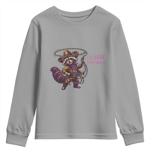 Mardi Gras Raccoon Youth Sweatshirt Yee Haw Cowboy Mardi Gras Carnival Trendy Meme TS14 Sport Gray Print Your Wear