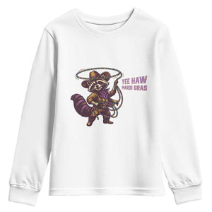 Mardi Gras Raccoon Youth Sweatshirt Yee Haw Cowboy Mardi Gras Carnival Trendy Meme TS14 White Print Your Wear