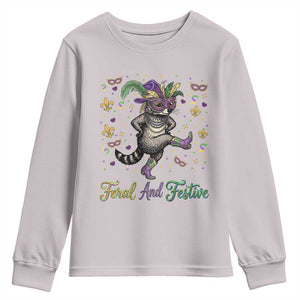 Mardi Gras Raccoon Youth Sweatshirt Feral And Festive TS14 Ice Gray Print Your Wear