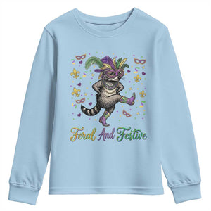 Mardi Gras Raccoon Youth Sweatshirt Feral And Festive TS14 Light Blue Print Your Wear