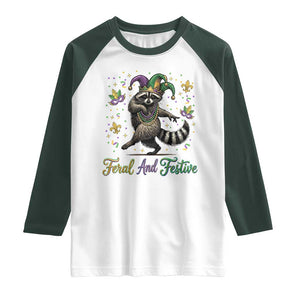 Mardi Gras Raccoon Raglan Shirt Feral And Festive Trased Panda TS14 White Dark Forest Green Print Your Wear
