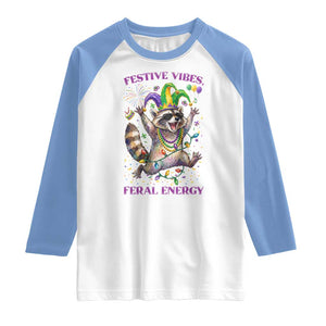 Mardi Gras Raccoon Raglan Shirt Festive Vibes Feral Energy TS14 White Carolina Blue Print Your Wear