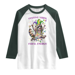 Mardi Gras Raccoon Raglan Shirt Festive Vibes Feral Energy TS14 White Dark Forest Green Print Your Wear