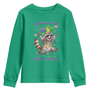 Mardi Gras Raccoon Youth Sweatshirt Festive Vibes Feral Energy TS14 Irish Green Print Your Wear