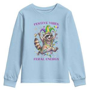 Mardi Gras Raccoon Youth Sweatshirt Festive Vibes Feral Energy TS14 Light Blue Print Your Wear