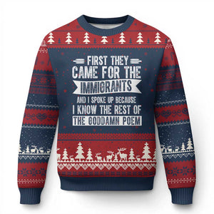 First They Came for The Immigrants Ugly Christmas Sweater Funny Saying Human Rights TS14 Navy Red Print Your Wear