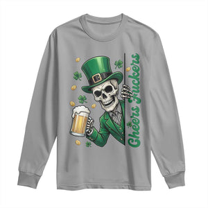 Cheers Fuckers St Patricks Day Long Sleeve Shirt Funny Skeleton Drinking Beer TS14 Sport Gray Print Your Wear