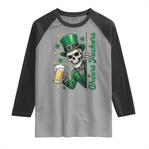 Cheers Fuckers St Patricks Day Raglan Shirt Funny Skeleton Drinking Beer TS14 Sport Gray Black Print Your Wear