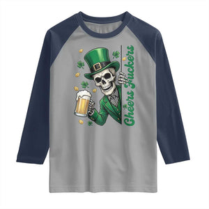 Cheers Fuckers St Patricks Day Raglan Shirt Funny Skeleton Drinking Beer TS14 Sport Gray Navy Print Your Wear