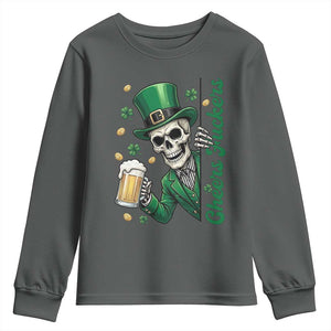 Cheers Fuckers St Patricks Day Youth Sweatshirt Funny Skeleton Drinking Beer TS14 Dark Heather Print Your Wear