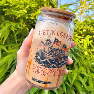 Get In Loser We’re Crossing The Delaware Glass Can Funny Raccoon Meme 4th of July