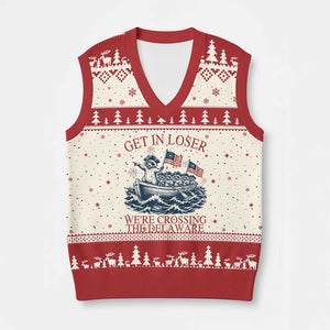 Get In Loser We’re Crossing The Delaware V-Neck Knit Sweater Vest Funny Raccoon Meme 4th of July