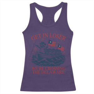 Get In Loser We’re Crossing The Delaware Racerback Tank Top Funny Raccoon Meme 4th of July
