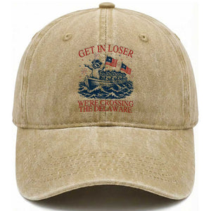 Get In Loser We’re Crossing The Delaware Washed Cotton Baseball Cap Funny Raccoon Meme 4th of July
