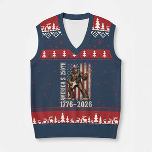 250 Years America Anniversary V-Neck Knit Sweater Vest Patriotic Bigfoot Playing Guitar 4th Of July