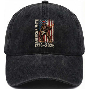 250 Years America Anniversary Washed Cotton Baseball Cap Patriotic Bigfoot Playing Guitar 4th Of July