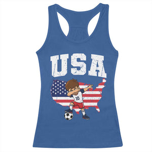 USA Soccer Dabbing Boy American Flag Fan Racerback Tank Top