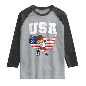 USA Soccer Dabbing Boy American Flag Fan Raglan Shirt